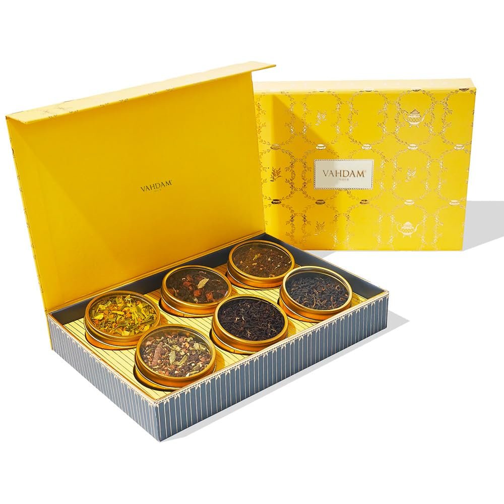VAHDAM, GLOW - Assorted Valentines Day Tea Gift Set (6 Loose Leaf Tea) Tin Caddy Presentation Box | Gluten Free, Non GMO | Valentines Day Gifts for Him & Her