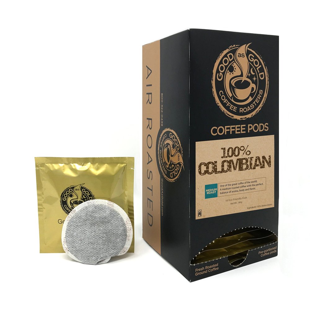 100% COLOMBIAN COFFEE PODS - Good As Gold Coffee - (1 Box / 18 Coffee Pods)