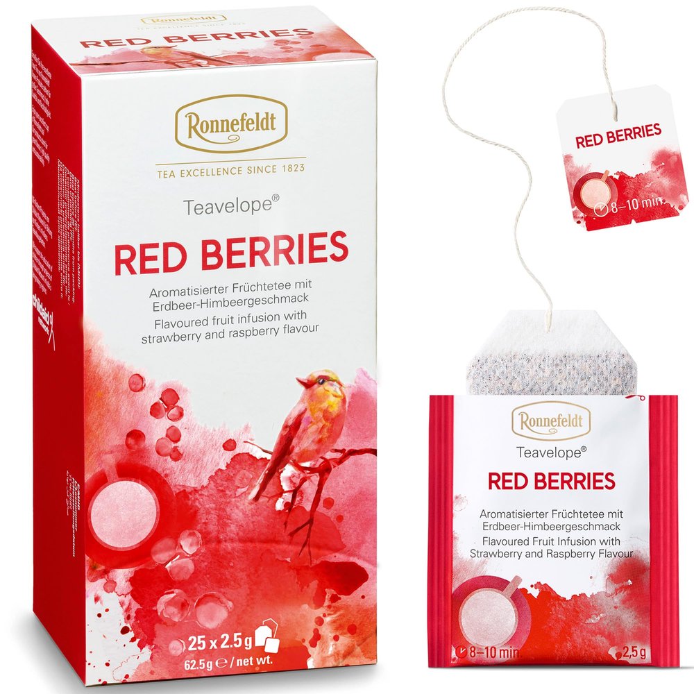 Ronnefeldt Teavelope Red Berries  Hibiscus Rosehip Fruit Tea with Raspberry & Strawberry Flavor  25 Berry Herbal Tea Bags  Caffeine Free & Individually Wrapped