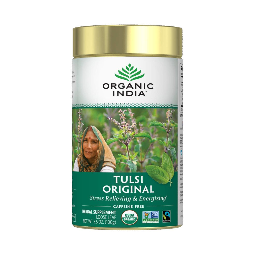 Organic India Tulsi Original Herbal Tea - Loose Leaf Holy Basil and African Basil Calming and Stress Relief Tea, Immune Support, USDA Certified Organic, Non-GMO, Caffeine-Free - 3.5 oz Canister
