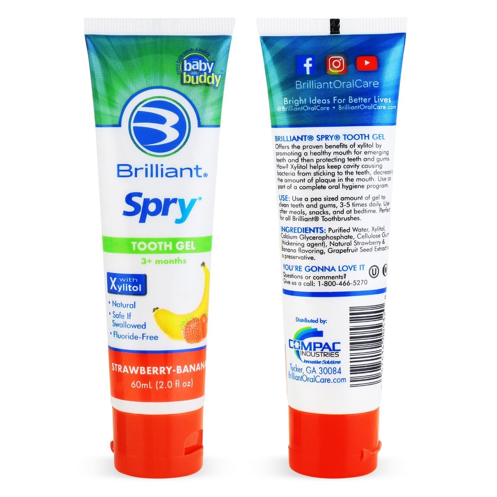 Brilliant Oral Care Kids Fluoride Free Toothpaste, Spry Gel with Xylitol, Strawberry Banana Flavor for Ages 3+ Months, 2 fl oz, 1 Pack