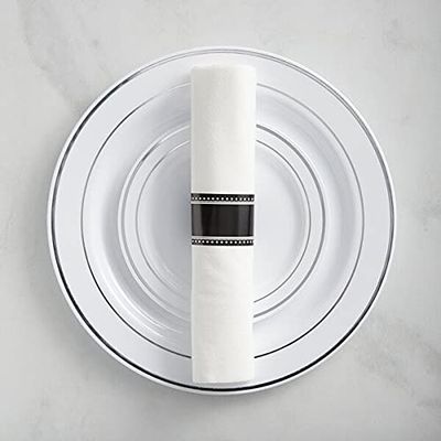17" x 17" Pre-Rolled Linen-Feel White Napkin and Silver Heavy Weight Plastic Cutlery Set - 100/Case by TableTop king