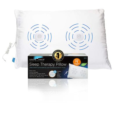 Sound Oasis Sleep Therapy Pillow, 2 Hi-Fidelity, Ultra-Thin Stereo Speakers, Vol. Control, Connect to Sound Source, Fall Asleep Wake Up Refreshed, Sleep, Relax, Manage Tinnitus, Comfortable & Soft.
