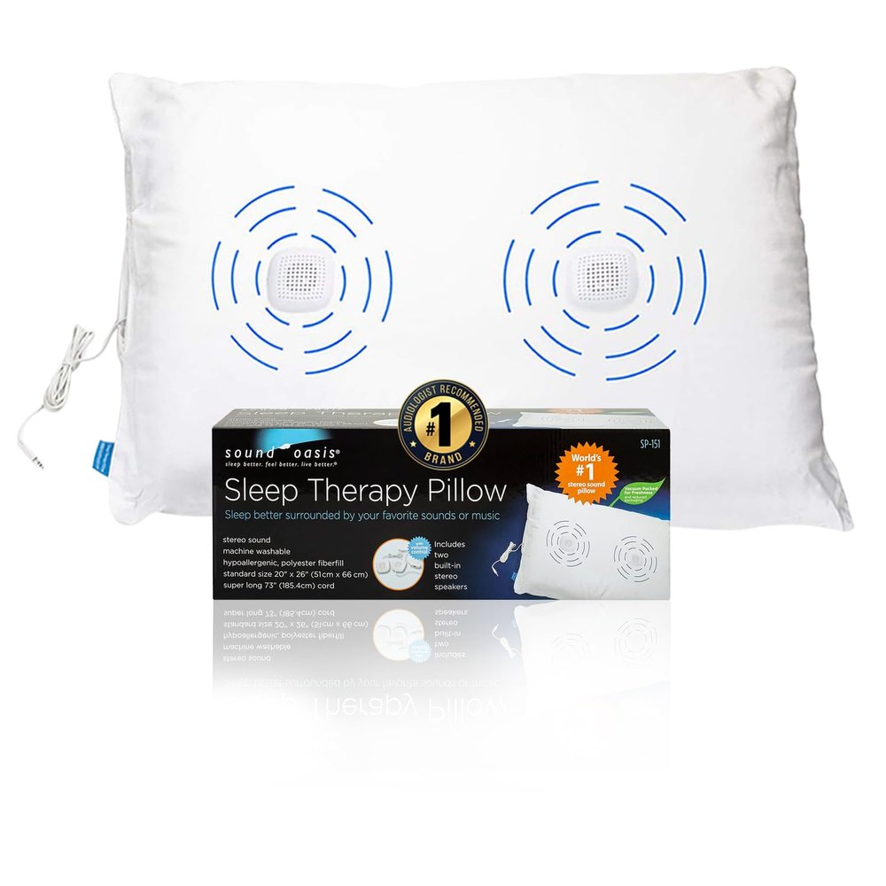 Sound Oasis Sleep Therapy Pillow, 2 Hi-Fidelity, Ultra-Thin Stereo Speakers, Vol. Control, Connect to Sound Source, Fall Asleep Wake Up Refreshed, Sleep, Relax, Manage Tinnitus, Comfortable & Soft.