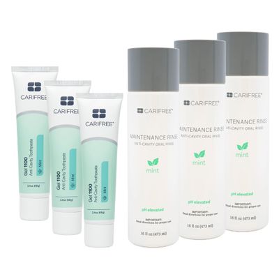 CariFree Maintenance & Prevention Kit, Mint Flavored | Anti-Cavity Fluoride Toothpaste & Mouthwash Freshens Breath and Moistens Mouth | Dentist Recommended for Oral Care (6 Piece Set)