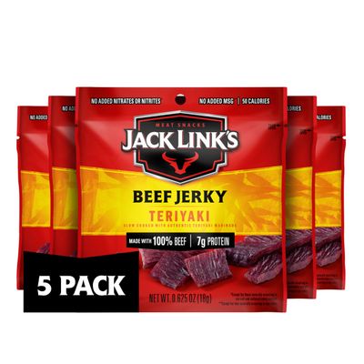 Jack Link's Teriyaki Beef Jerky Multipack - (5 Pack) 0.625 oz Bags - Ready to Eat Real Meat Protein Snacks - 7g Protein per Serving - Made with 100% Real Beef