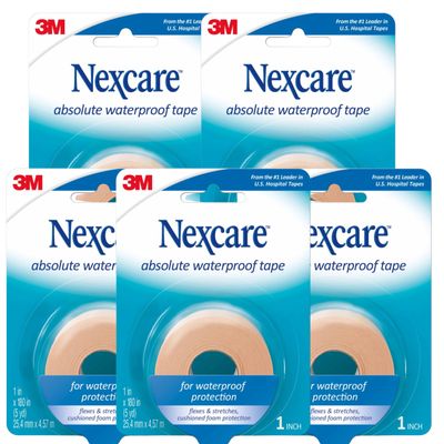 Nexcare Absolute Waterproof First Aid Tape 1.00 Inch x 5 yd (5 Rolls)  Strong Adhesive Medical Tape for Wound Care, Flexible for Active Use