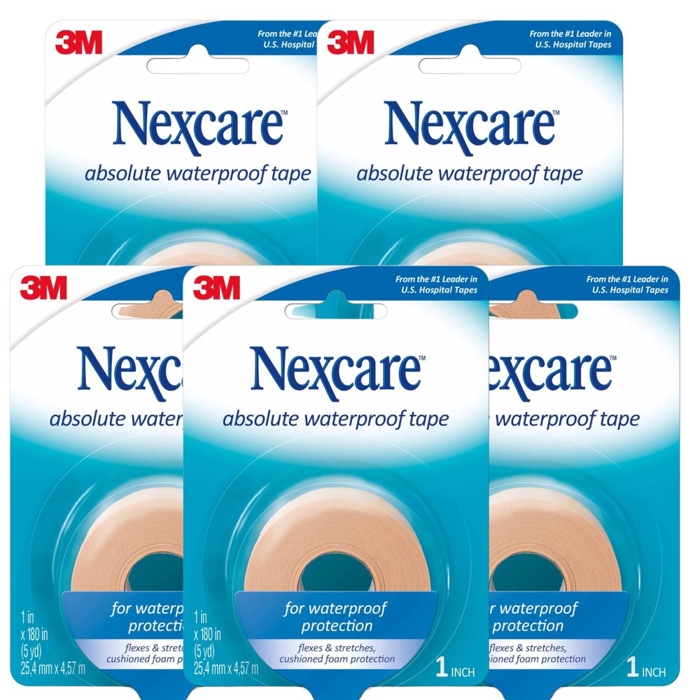 Nexcare Absolute Waterproof First Aid Tape 1.00 Inch x 5 yd (5 Rolls)  Strong Adhesive Medical Tape for Wound Care, Flexible for Active Use
