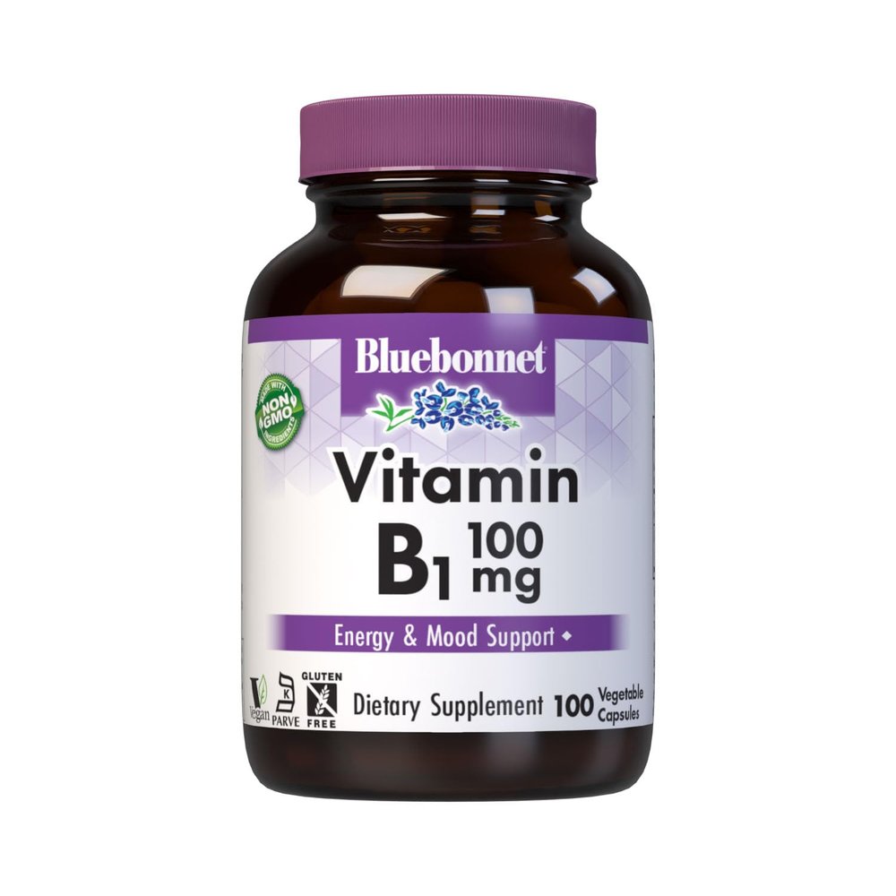 Bluebonnet Vitamin B1 100 mg - Mood Support & Energy Vitamins for Women & Men* - Thiamin HCl - Non-GMO, Vegan, Kosher, Gluten-Free - Soy & Dairy-Free - 100 Vegetable Capsules, 100 Day Supply