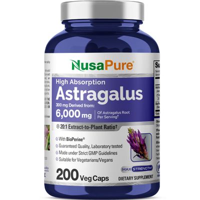 NusaPure Astragalus 20:1 Extract, 300 mg Equivalent to 6,000mg Per Serving, 200 Veggie Capsules, Vegan, Non-GMO & Bioperine