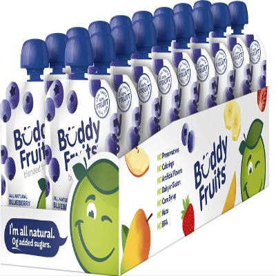 Buddy Fruits Snacks To Go Blueberry Unsweetened Applesauce 3.2oz Pouch (18pk) Gluten-Nut-Dairy-Preservatives-BPA Free, Non GMO, Kosher