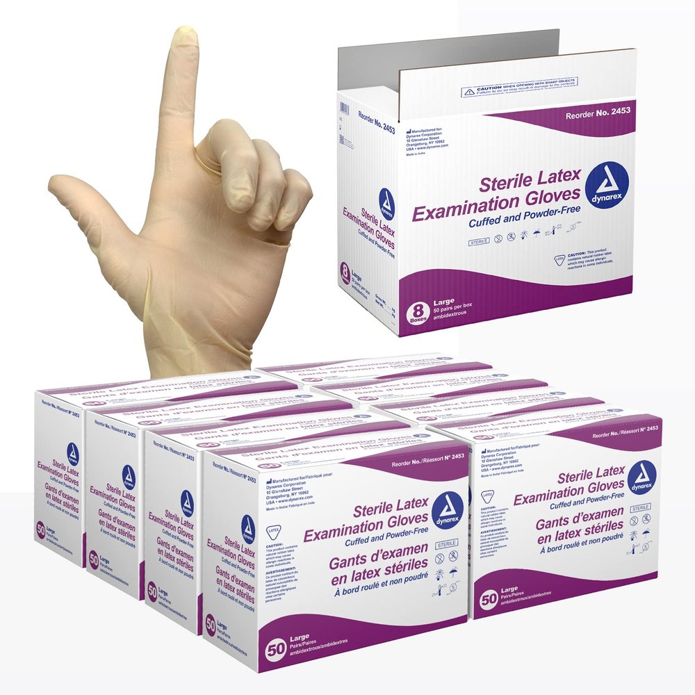 Dynarex Sterile Disposable Latex Exam Gloves, Powder-Free, Sterilely Packaged in Pairs, Professional Medical and Healthcare Use, Bisque, Large, 8 Boxes - 50 Pairs/Box