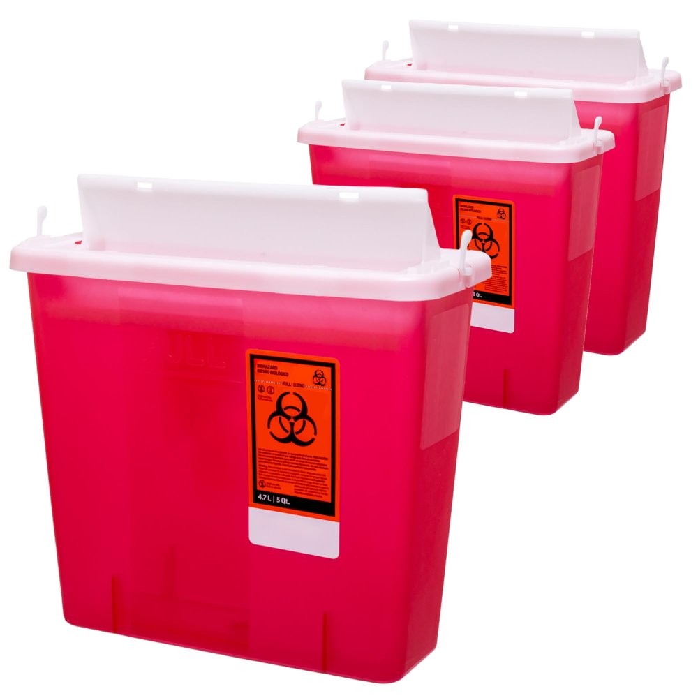 Sharps Container 5 Quart with Mailbox Style Lid - Large - Puncture Resistant for Safe Needle Disposal - for Home, Travel and Medical use (3 Pack)