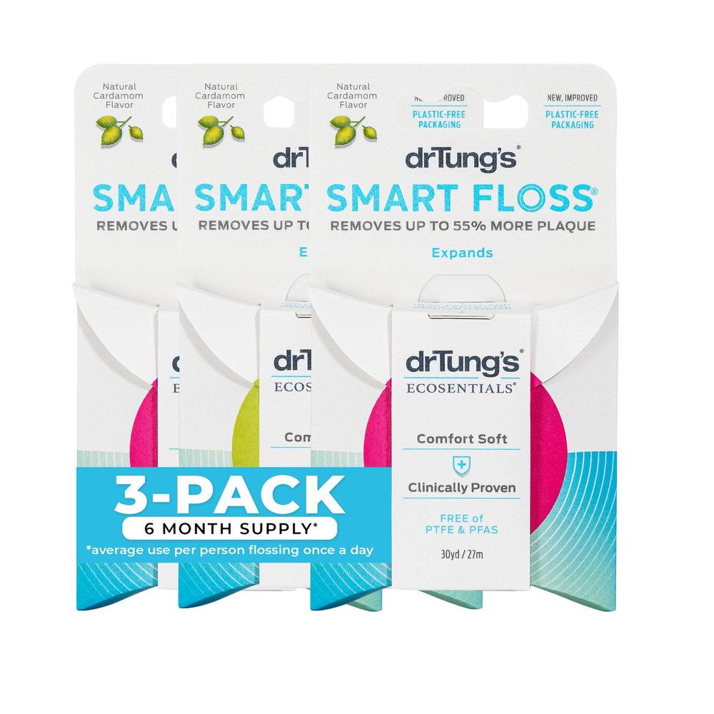 DrTung's Smart Floss - Natural Floss, PTFE & PFAS Free Floss, Gentle on Gums, Expands & Stretches, BPA Free - Natural Dental Floss Cardamom Flavor (Pack of 3)