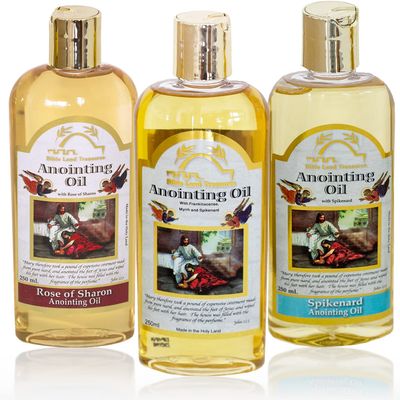 Bible Lands Treasure Anointing Oil for Prayer, Set of 3: Spikenard, Rose of Sharon, Myrrh & Frankincense, Blessing oil of Gladness, 250 ml