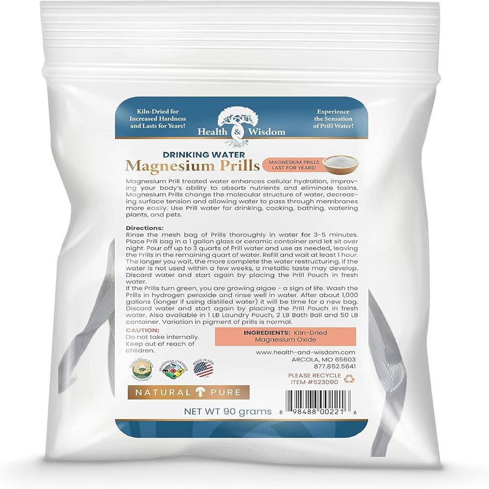 Health and Wisdom Magnesium Prills Kiln-Dried Magnesium Oxide Beads for Structured Thin Water Long-Lasting, Reusable, NSF/ANSI Certified Use for Drinking, Cooking, Bathing & Laundry - 3.17 oz