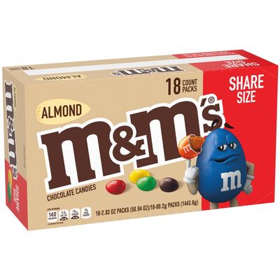 M&M'S Almond Chocolate Candy, Share Size 2.83 oz Bags, Pack of 18, Bulk Chocolate Candy Individually Wrapped