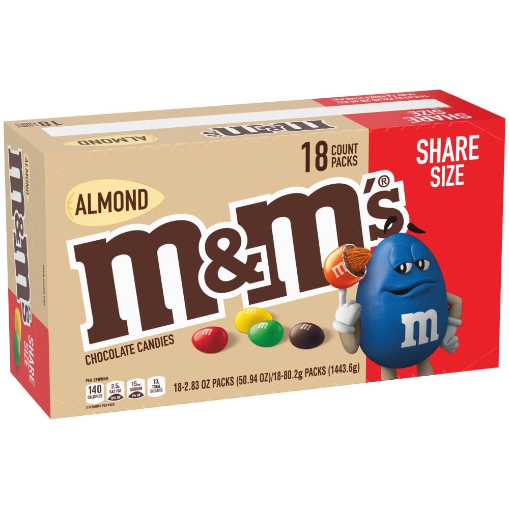 M&M'S Almond Chocolate Candy, Share Size 2.83 oz Bags, Pack of 18, Bulk Chocolate Candy Individually Wrapped