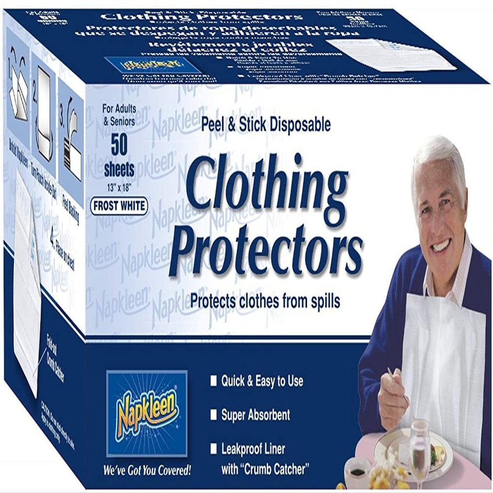 Napkleen Disposable Clothing Protectors/Bibs, Self-Adhesive, Size: Adult (13 x 18 Inch) Color: White - 1/Box of 50