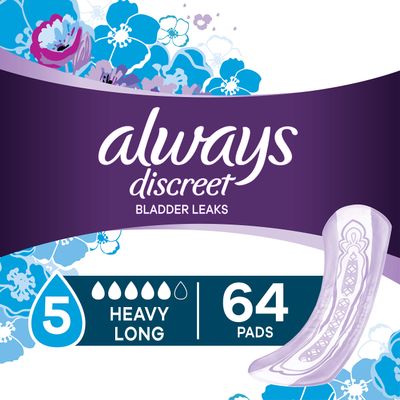 Always Discreet Incontinence & Postpartum Incontinence Pads for Women, Heavy Absorbency, Long Length, 64 Count