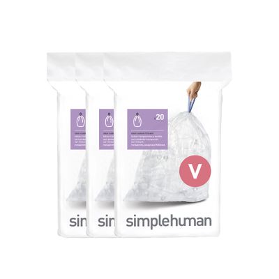 simplehuman Code V 60 Count, Genuine Custom Fit Liners, Drawstring Trash Bags in Dispenser Packs, 16-18 Liter / 4.2-4.8 Gallon, Clear