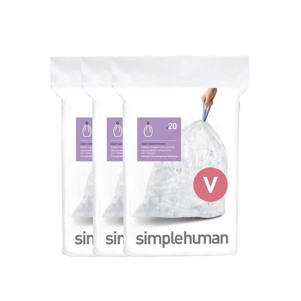 simplehuman Code V 60 Count, Genuine Custom Fit Liners, Drawstring Trash Bags in Dispenser Packs, 16-18 Liter / 4.2-4.8 Gallon, Clear