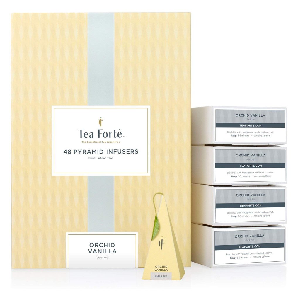 Tea Forte Orchid Vanilla Black Tea Event Box, Bulk Pack of 48 Pyramid Infuser Tea Sachets for All Occasions