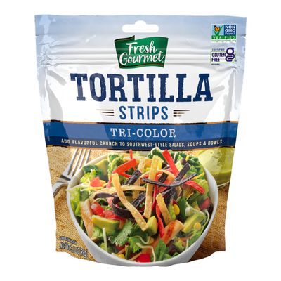 Fresh Gourmet Tri | Color Tortilla Strips | 3.5 Ounce, Pack of 9 | Low Carb | Crunchy Snack and Salad Topper