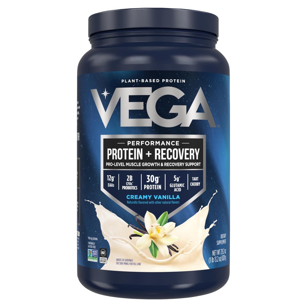 Vega Sport Vegan Protein Powder + Recovery - 30g Plant Based Protein per Serving, Vanilla, 20 Servings, 5g BCAAs, Probiotics, NSF Certified, for Shakes & Smoothies, 1.8lbs (Packaging May Vary)