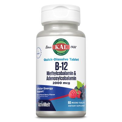 KAL Vitamin B12 Methylcobalamin and Adenosylcobalamin 2000 mcg ActivMelt, B12 Energy Supplements, Metabolism, Nerve, Red Blood Cell Support, High Absorption, Natural Berry, 60 Serv, 60 Micro Tablets