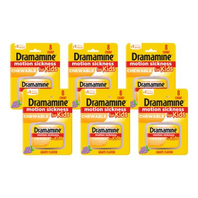 Dramamine Motion Sickness for Kids, Chewable, Dye Free, Grape flavored, 8 Count, 6 Pack