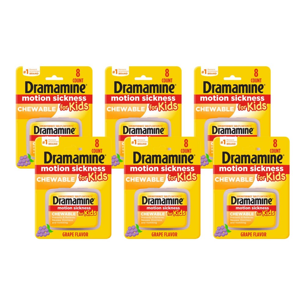 Dramamine Motion Sickness for Kids, Chewable, Dye Free, Grape flavored, 8 Count, 6 Pack