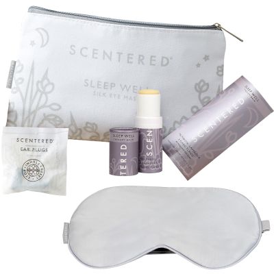 Scentered Sleep Essentials Travel Sleep Gift Set - Aromatherapy Sleep Well Balm, Luxury Silk Eye Mask & Ear Plugs for Sleeping - Lavender Essential Oil Blend - Self-Care Gifts for Women