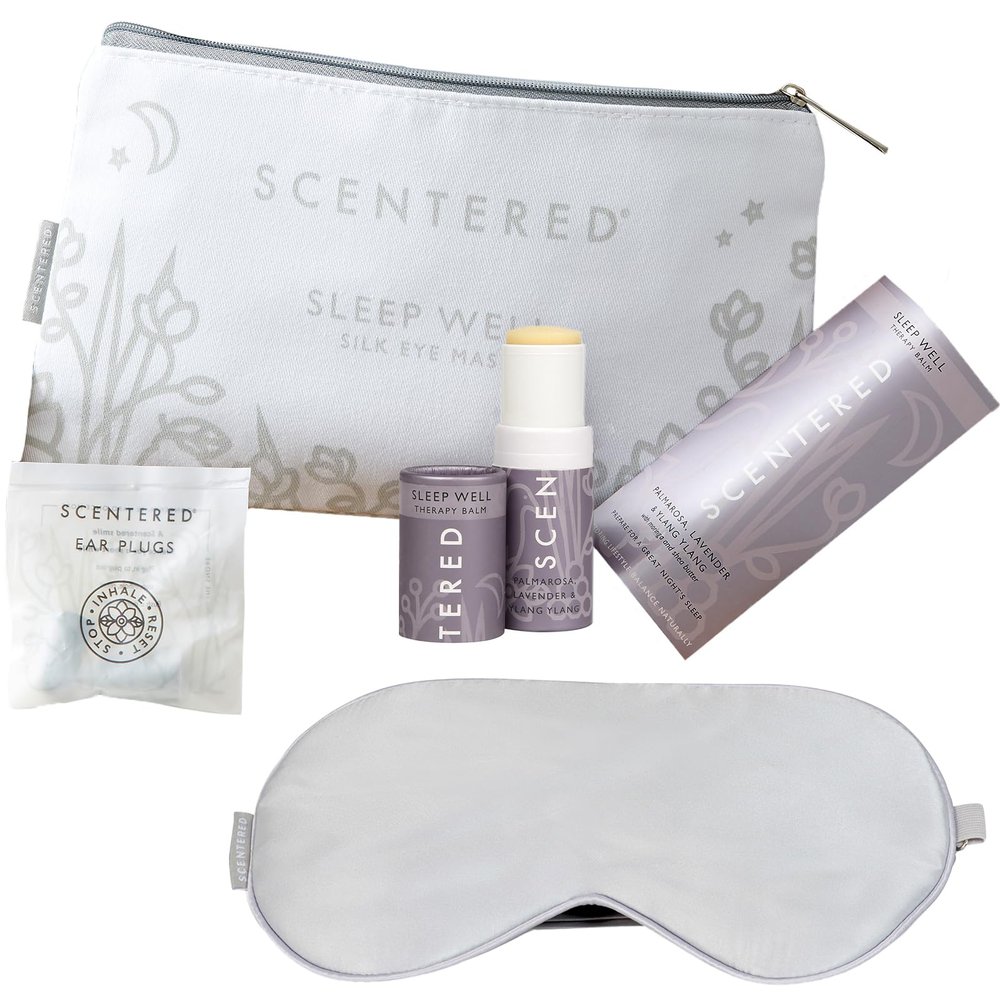Scentered Sleep Essentials Travel Sleep Gift Set - Aromatherapy Sleep Well Balm, Luxury Silk Eye Mask & Ear Plugs for Sleeping - Lavender Essential Oil Blend - Self-Care Gifts for Women