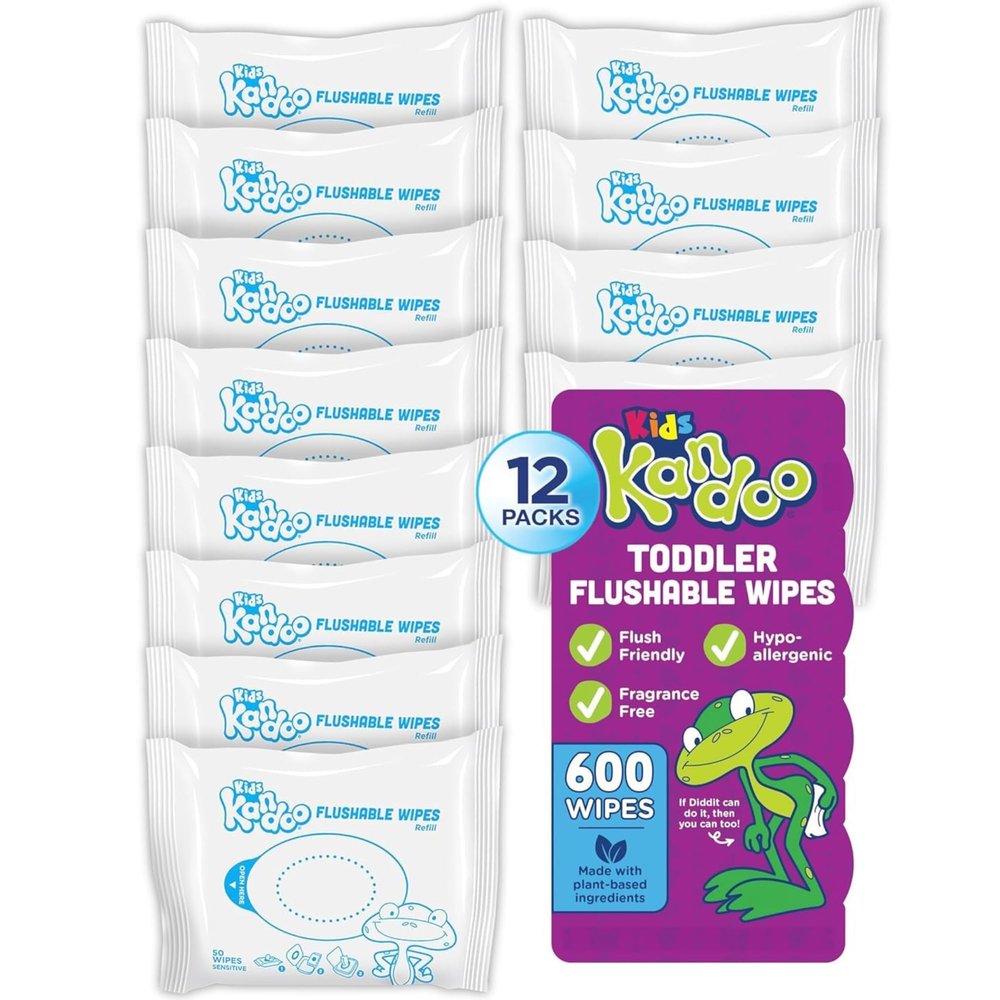 Flushable Wipes for Baby and Kids by Kandoo, Sensitive and Unscented Formula, Hypoallergenic Potty Training Wet Cleansing Cloths, 50 Count, Pack of 12