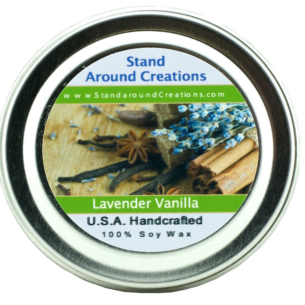 100% Soy Candle Tin 2 oz. - Lavender Vanilla- Herbal Lavender w/Calming Vanilla. Made w/Natural Essential Oils, Including Lavender