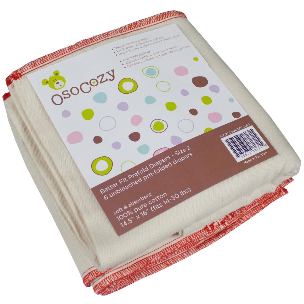 OsoCozy Better Fit Unbleached Prefold Cloth Diapers -100% Cotton, Gauze Weave, Sized for Tri Folding - Diaper Service Quality (DSQ) (Premium 4x8x4 Fits 25-40 lb.) - 6 Pack