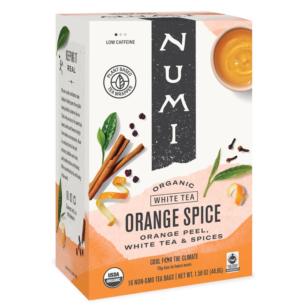 Numi Organic Orange Spice Tea, 16 Tea Bags, White Tea With Citrus & Spices, Low Caffeine (Packaging May Vary)