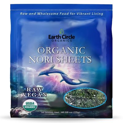 Earth Circle Organics | Organic Nori Seaweed Sheets - Raw, Unheated & Not Roasted | Grade A Certified | Vegan, Paleo, Keto Friendly | Premium Nori for Sushi Rolls & Wraps (50 Sheet)