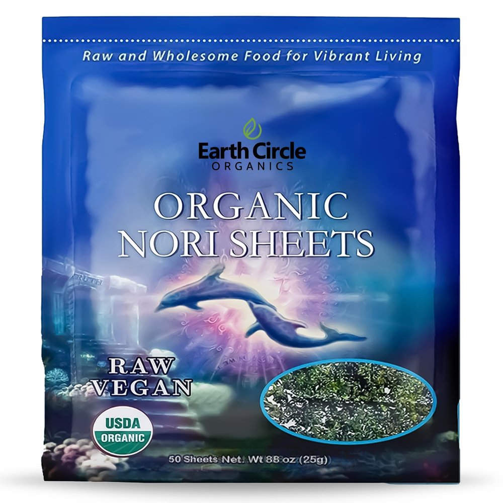Earth Circle Organics | Organic Nori Seaweed Sheets - Raw, Unheated & Not Roasted | Grade A Certified | Vegan, Paleo, Keto Friendly | Premium Nori for Sushi Rolls & Wraps (50 Sheet)