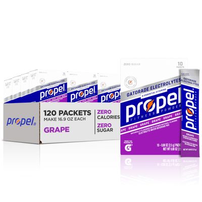 Propel Electrolyte Enhanced Water Drink Mix Powder Packets, Grape, Zero Calorie & 0 Sugar Hydration with Electrolytes and Vitamins C & E (120 Packets)