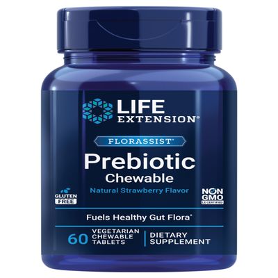 Life Extension FLORASSIST Prebiotic Chewable (Strawberry), 1000 mg xylooligosaccharides, prebiotic Supplement Provides Fuel for Gut Flora, Gluten-Free, Non-GMO, Vegetarian, 60 chewable Tablets