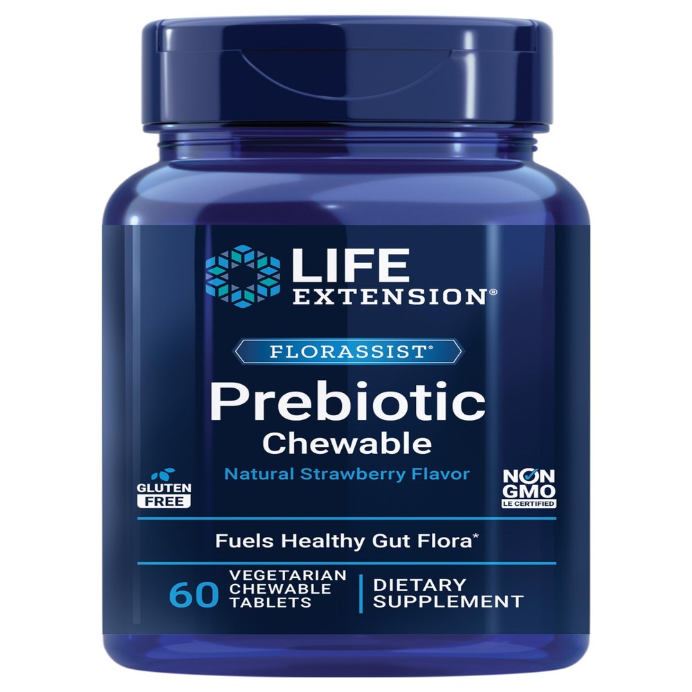 Life Extension FLORASSIST Prebiotic Chewable (Strawberry), 1000 mg xylooligosaccharides, prebiotic Supplement Provides Fuel for Gut Flora, Gluten-Free, Non-GMO, Vegetarian, 60 chewable Tablets