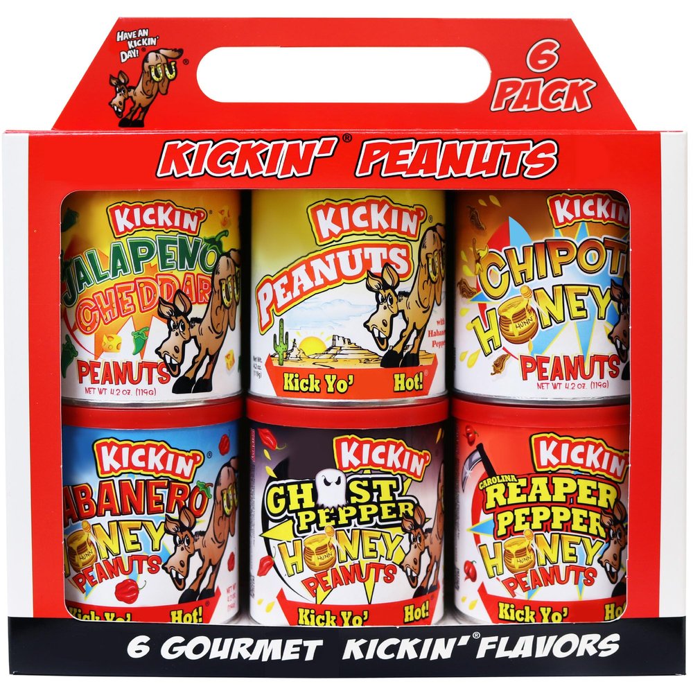 ASS KICKIN Spicy Hot Peanuts  Variety Pack 4.25oz 6 Pack - Ultimate Spicy Gourmet Gift Peanuts - Try if you dare!
