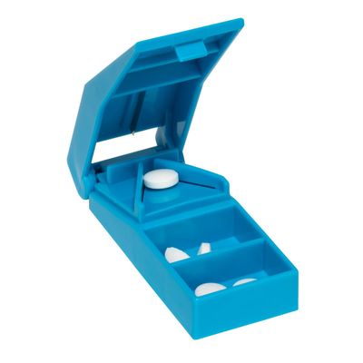 Acu-Life Pill Splitter with Storage, Stainless Steel Blade, Sturdy, Easy to Use, Accurate, Safely Cuts in Half Small, Tiny and Large Pills, Tablets, Vitamins, for Seniors, Pets, Blue, BPA Free