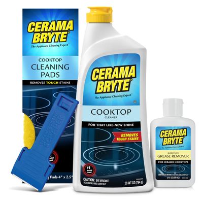 Cerama Bryte Best Value Kit: Ceramic Cooktop Cleaner 28oz, Scraper, 10 Pads, Burnt-on Grease Remover 2oz, 4 Piece Set