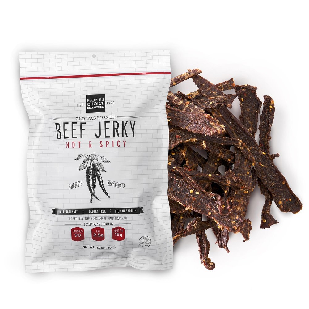 Peoples Choice Beef Jerky Old Fashioned Hot & Spicy Sugar Free, Zero Carb, 15g Protein, Keto Friendly Dry Texture Made in USA 1 Pound (16 oz) Bag