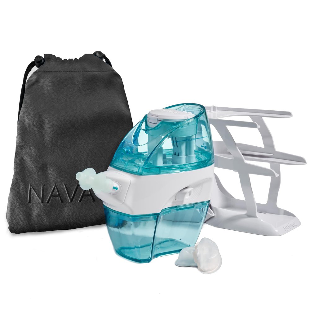 Navage Nasal Care Deluxe Bundle  Powered Nose Cleaner for Congestion Relief w/ 30 SaltPods, Storage Caddy, Black Travel Bag & Batteries ($137 Value). Sinus Rinse for Clinically Proven Benefits