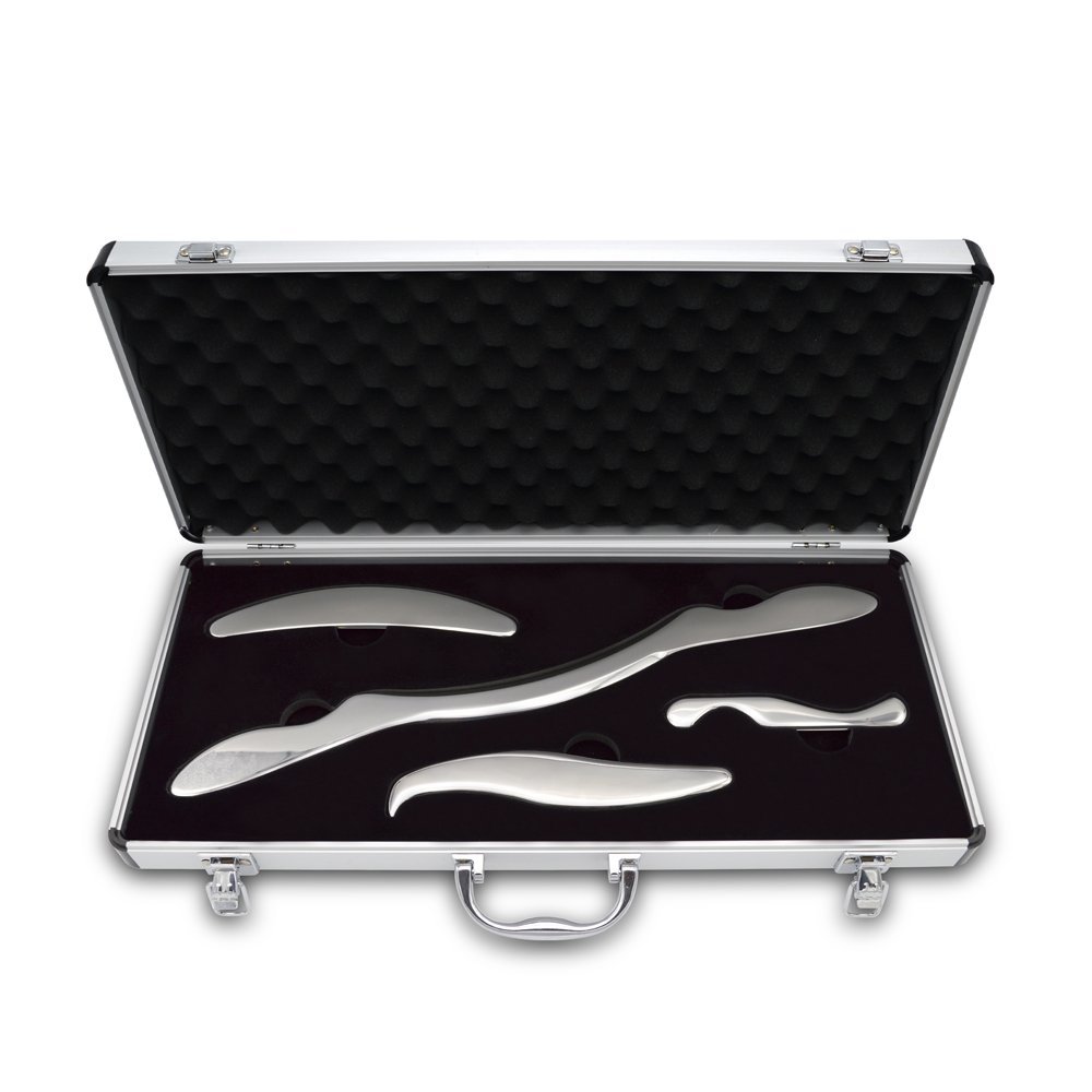 RODEREK IASTM Tools Stainless Steel Guasha Scraping Massage, 4pcs IASTM Physical Therapy Tools with a Convenience Suitcase, Soft Tissue Mobilization Tools for Myofascial Release(Sliver Box)