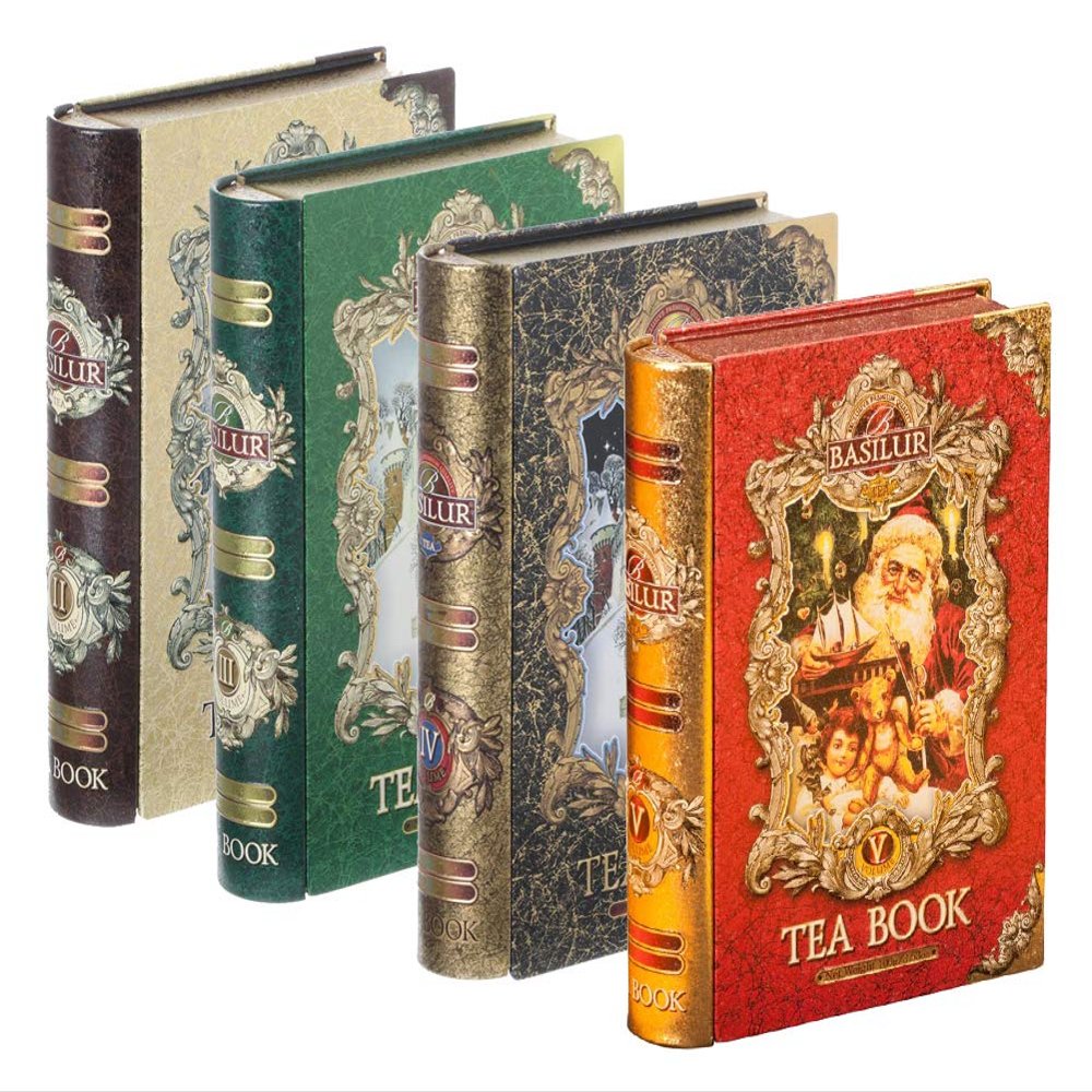 Basilur | Tea Book Collection Vol 2 thru Vol 5 | Collectable Metal Tin Caddies | Pure Ceylon Black & Green teas | Whole Leaf Tea, 100g (3.5oz) each | Pack of 4